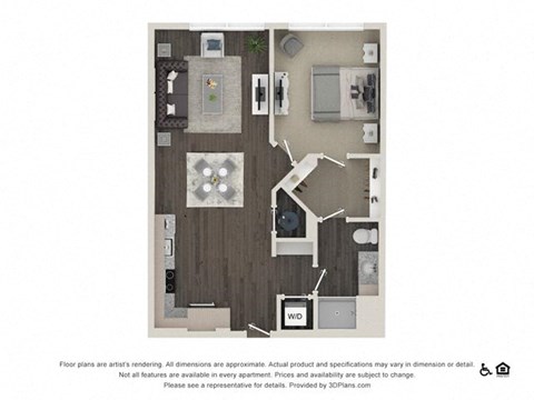 Floor plan for 1 bed, 1 bath, 768 sqft